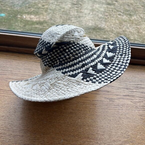 Accessories - Paper Woven Black and White Checkered Pattern Sun Hat UV Protection Packable